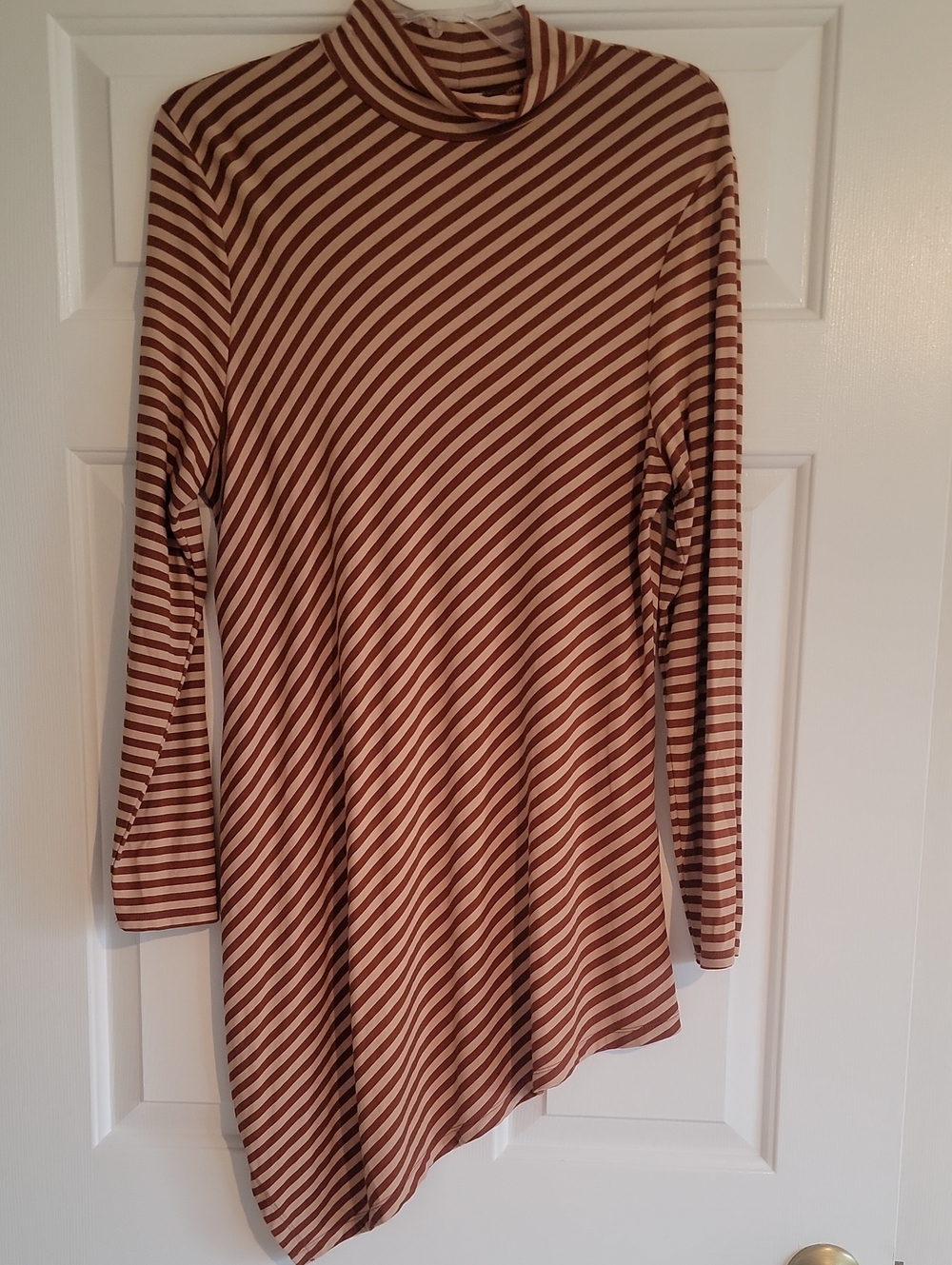 Chico's Diagonal Stripe Mock Turtleneck Long-Sleeve Tee in Brown and Cream, L